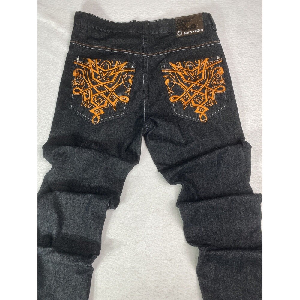 South Pole Mens Jeans Black Embroidered Orange Sz 38 Skater Punk Hip Hop Grunge